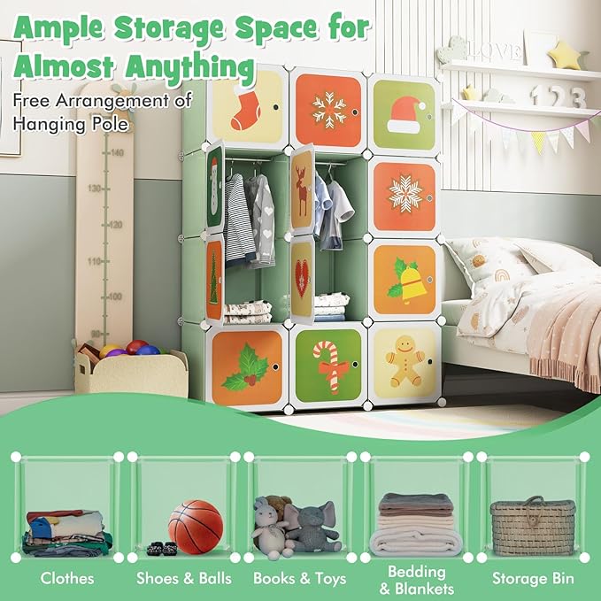 HONEY JOY Kids Wardrobe Closet, Baby Cartoon Clothes Storage Organizer, 12 Cubes & 2 Hanging Sections, Portable Children DIY Modular Bedroom Armoire Dresser Cabinet for Boys Girls (Green)