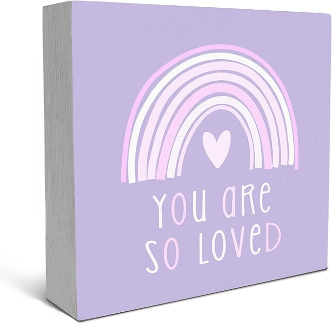 SRADMO You Are So Loved Rainbow Heart Wood Box Sign Desk Decor, Kids Inspirational Quotes Wooden Block Box Sign Decoration for Kids Room Nursery Shelf Table Decorative Accessories (Purple), 8x8 Inches