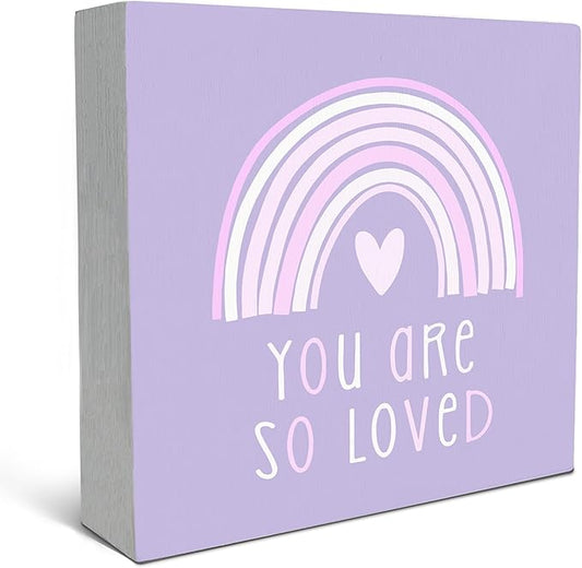 SRADMO You Are So Loved Rainbow Heart Wood Box Sign Desk Decor, Kids Inspirational Quotes Wooden Block Box Sign Decoration for Kids Room Nursery Shelf Table Decorative Accessories (Purple), 8x8 Inches