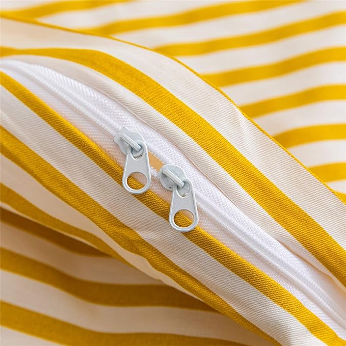 JELLYMONI 100% Natural Cotton 3pcs Striped Duvet Cover Sets,White Duvet Cover with Yellow Stripes Pattern Printed Comforter Cover,with Zipper Closure & Corner Ties(Cal King Size)