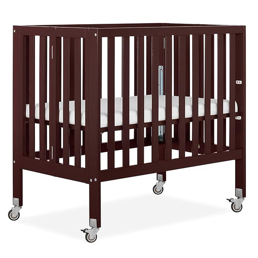 Dream On Me Jett Mini Folding Baby Crib in Espresso, GreenGuard Gold & JPMA, Lightweight & Portable, Patented Flat Folding System for Small Spaces & Travel, 1.5” Mattress Pad, 3 Heights, Safe Wheels