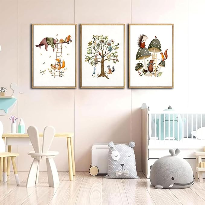 3Pcs Woodland Safari Animals Nursery Canvas Wall Art Baby Jungle Small Animal Wall Decor Pictures Tree Bear Rabbit Fox Hedgehog Kids Posters Prints for Classroom Children Bedroom Decoration Unframed