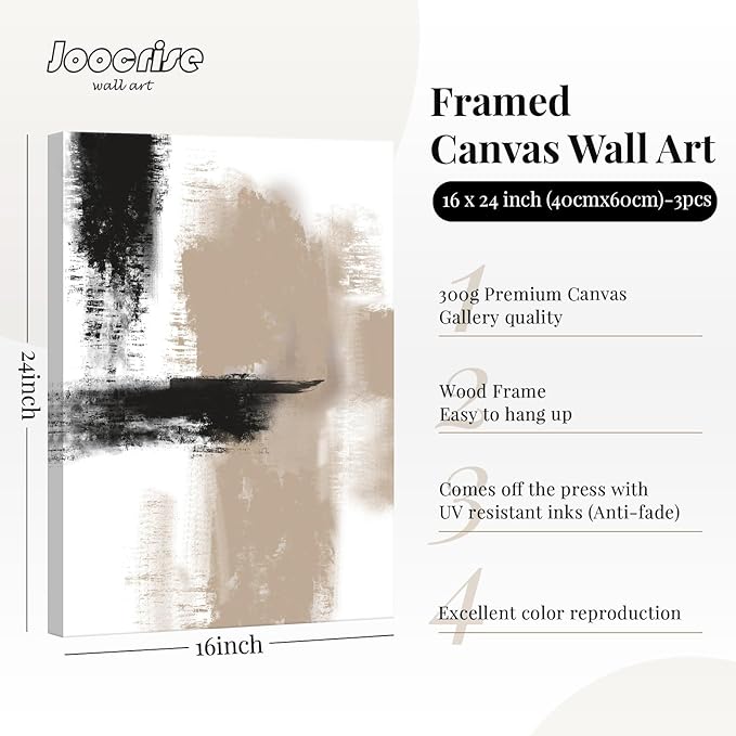 Beige Abstract Wall Art Painting Set of 3 Framed Neutral Canvas Wall Art Prints Black Beige Modern Wall Decor Minimalist Art Pictures Abstract Modern Artwork for Room Bedroom 16x24 Inch