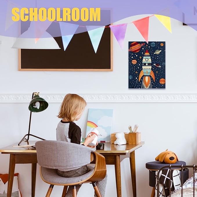 URLLUAE Rocket Ship Space Wall Art Posters for Kids Room, Colorful Outer Space Planet Canvas Poster Prints for Boys Bedroom Classroom Nursery Playroom Wall Decor, 11x14 Inch