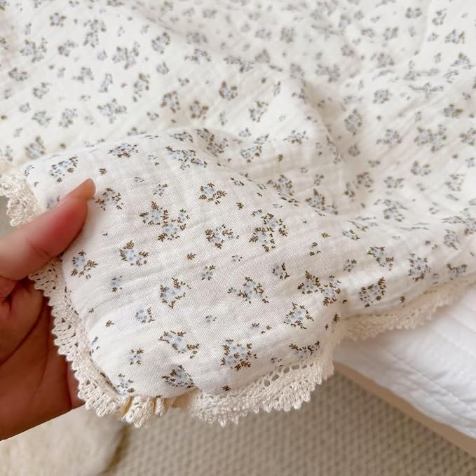BuLuTu Chic Floral Kids Quilt 100% Cotton Muslin Comforter for Twin Bed/Toddler Bed, Blue Brown Flower Quitled Blanket Lace Edges Comforter for Toddler Girls Boys, 47x59 Inches, No Pillow