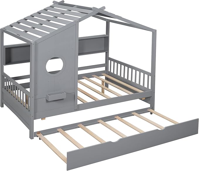 Merax Kids House Bed Frame Full Size, Full House Shaped Bed with Trundle and Storage Shelves for Kids Room, Full Size Low House Bed with Trundle and Roof for Girls Boys, Wood Slats Support, Grey