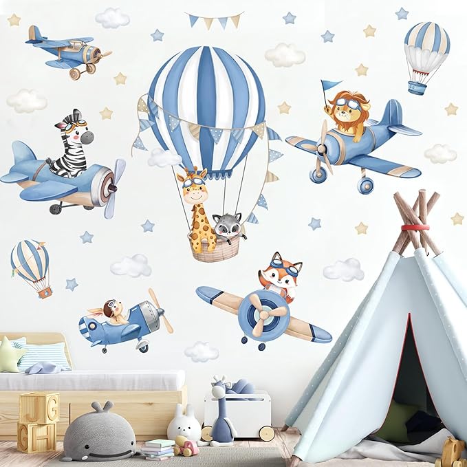 decalmile Blue Hot Air Balloon Animals Wall Decals Airplane Animals Giraffe Lion Fox Wall Stickers Baby Nursery Kids Bedroom Living Room Wall Decor