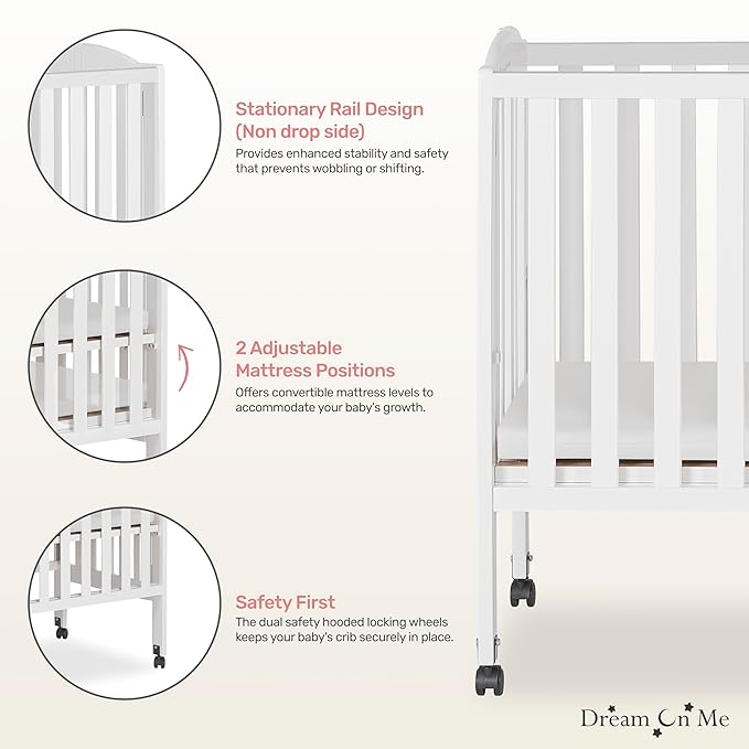 Dream On Me 2-in-1 Folding Portable Compact Mini Baby Crib in White, GreenGuard Gold & JPMA, US Patented Flat Folding System, Locking Wheels, 1″ Mattress Pad, Space-Saving Quck Fold Easy Storage