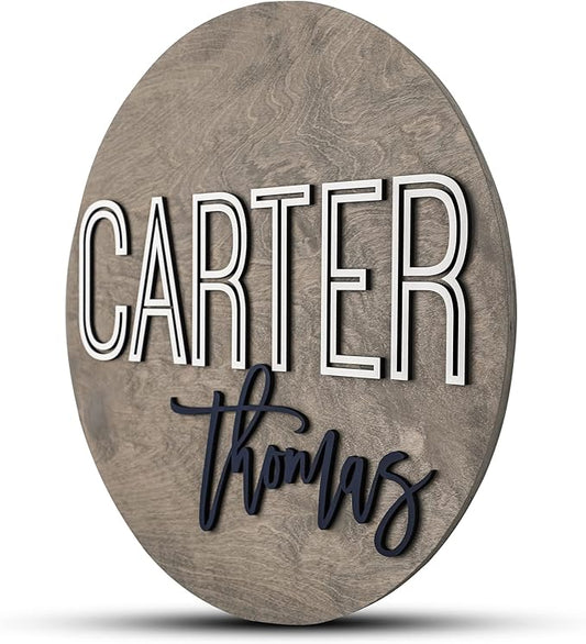 Custom Round Nursery Name Sign, Personalized Wooden Wall Plaque, 12" 18" 24", 30" 3D Wall Art for Children & Kids Rooms, Baby Shower, Hickory Hollow Designs (Carter Thomas)
