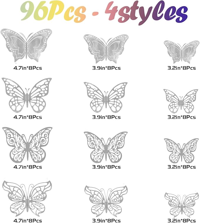 96 Pcs Butterfly Decorations 3 Sizes 4 Styles 3D Butterfly Wall Decor Party Decorations Butterflies for Crafts Birthday & Wedding Celebrations Cake Decorating Balloons Removable Stickers Silver