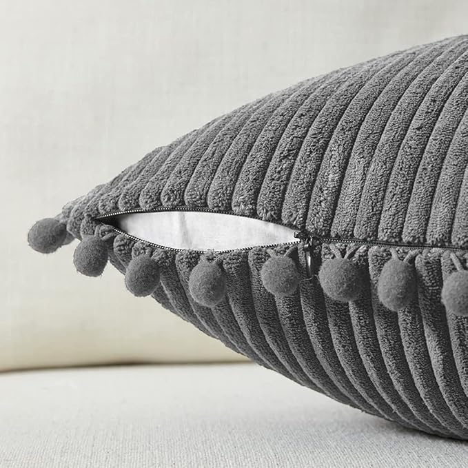Fancy Homi Pack of 2 Dark Gray Decorative Throw Pillow Covers 24x24 Inch with Pom-poms for Couch Bed Living Room, Soft Corduroy Solid Square Cushion Case 60x60 cm, Farmhouse Boho Home Décor