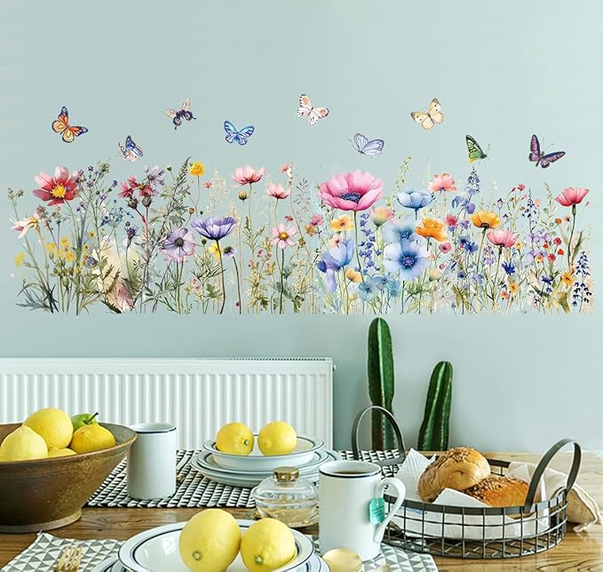 Weeds Wildflower Wall Stickers, Watercolour Colorful Flower Floral Buterflying Wall Decal for Nursery Kitchen Home