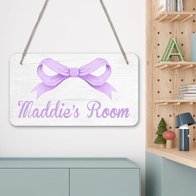 Personalized Purple Bow Kids Room Door Sign Custom Name Girls Boys Bedroom Decor Toddler Baby Nursery Wood Art Wall Plaque 12x6 Inches
