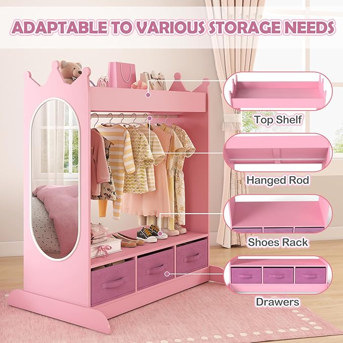 COSVALVE Kids Dress Up Storage with Mirror and Drawers, Kid Armoire Dresser, Pretend Storage Closet for Kids, Costume Wardrobe with Top Shelf for Playroom Bedroom, Lovely Pink