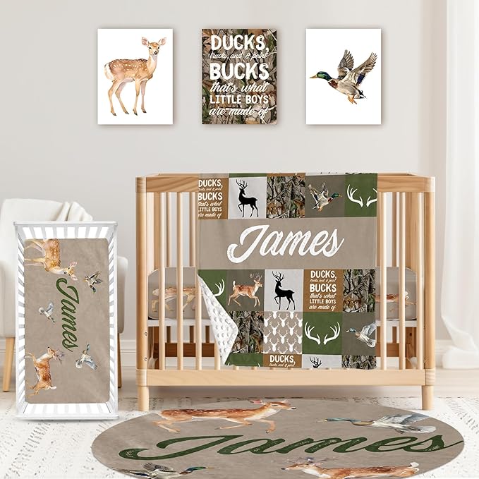 Custom Baby Crib Bedding Set,Personalized Name Army Green Deer Theme Nursery Bed Set 4 Piece,Baby Blanket Fitted Sheet Nursery Rug Wall Art Set,Custom Room Decor Idea Gift for Newborns Boys Girls