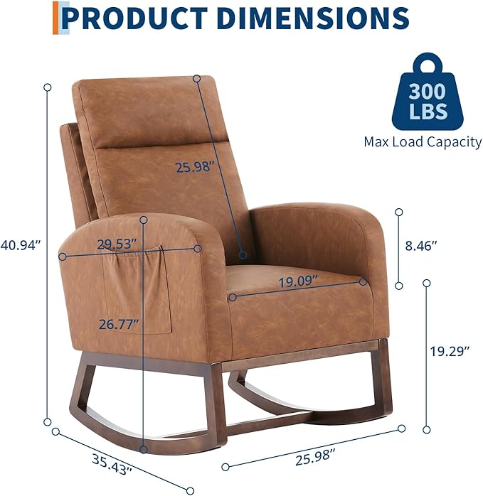 Rocking Chair Nursery, Modern Upholstered Glider Rocker with Side Pocket, Upholstered Lounge Chair with Solid Wood Base for Relaxin, for Living Room, Bedroom