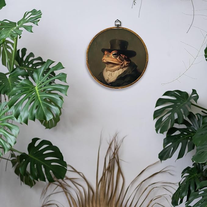 Hiuwevt Frog Round Wall Art Decor, Vintage Dark Moody Academia Frog Framed Canvas Prints, Retro Rustic Cottagecore Animal Round Wall Hanging Decor for Bedroom Home Decorations, 10x10 Inches
