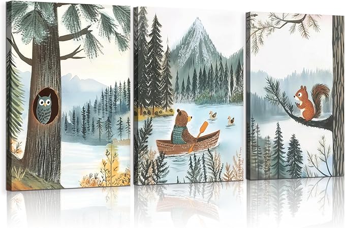 Woodland Animal Canvas Wall Art Set of 3 Bear Owl & Squirrel Posters Prints Adventure Theme Nursery pictures Wall Decor for Kids Bedroom or Playroom Ready to Hang(12x16in canvas)