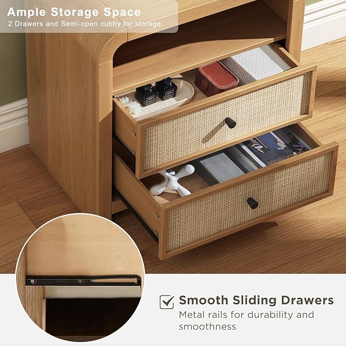 Oak&Sparrow 2 Drawer Tall Dresser for Bedroom, 23.6'' Rattan Dresser with Ample Storage, Boho Chest of Drawers, Thickened Curved Profile Design, Oak Dressers for Bedroom, Living Room
