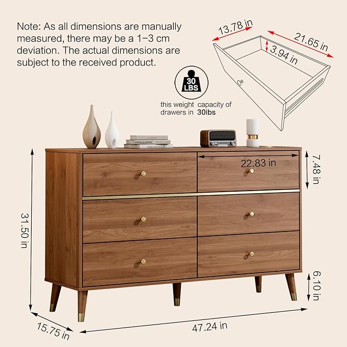 6 Drawer Dresser,47" Wide Mid Century Chest of Drawers,Wooden Bedroom Drawer Dresser with 6 Storage Drawers for Bedroom,Living Room,with Anti-Tipping Device,Dark Walnut