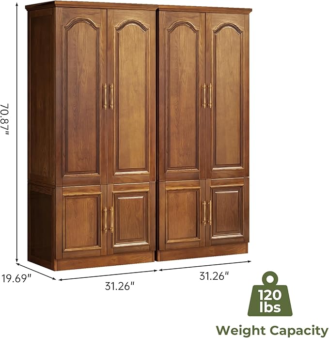 Solid Wood Wardrobe Closet:TemkTuek 70.87" Armoire,Clothing Storage Cabinet with 4 Doors,Shelves and Hanging Rails,Vintage Freestanding,Bedroom,Wood Grain Color(22-22)