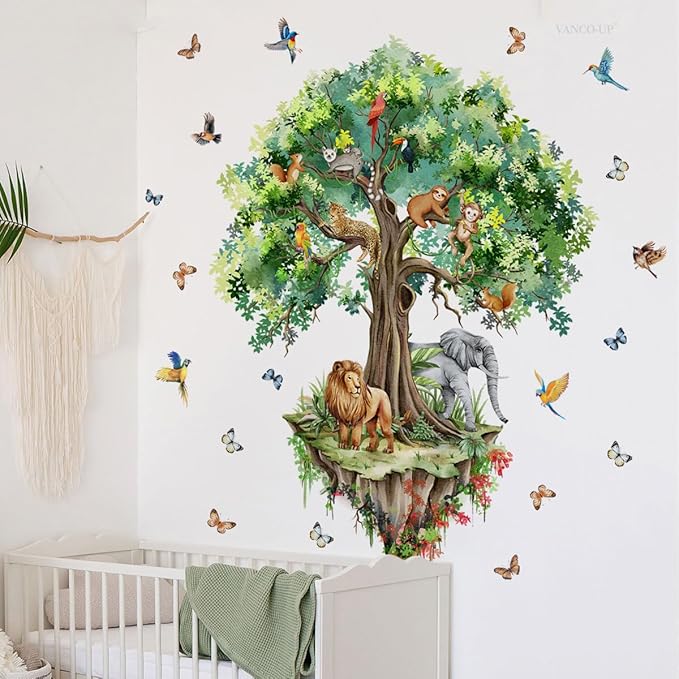 Suspended Tree Wall Decals Jungle Safari Animals Wall Decal Stickers for Kids Bedroom Playroom Nursary Classroom 51.57x48.03 inches