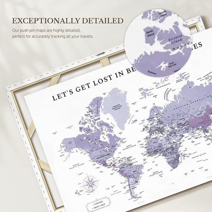 ElephantStock - Beautiful Places II Push Pin World Map Wall Art - Horizontal Canvas Wall Art - Living Room Wall Decor - Digital Art Map Canvas Art - White And Black Decor - 51" x 34"