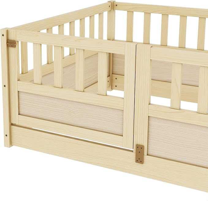 GDFStudio Twin Size Toddler Floor Bed Frame with Door & Guardrails, Toddler Twin Bed Frame for Kids Boys Girls, Low to Floor Child Bed Rail Design, Wooden Floor Bed for Baby, No Support Slat, Natural