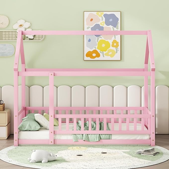 Twin Size House Bed Frame for Kids,Wooden Montessori Floor Bed with Fence and Roof,Floor Bed Frame Twin Size for Girls,Boys(Twin,Pink)