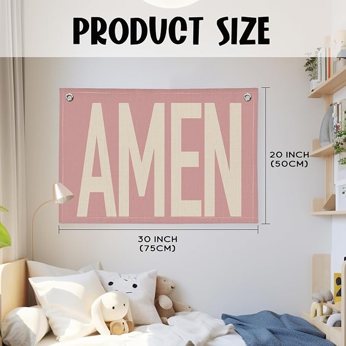Pink "AMEN" Wall Art 20x30 Inch - Coquette Christian Decor, Girls Bedroom Hanging, Linen Prayer Banner, Nursery Faith Sign, Blush Religious Gift, Church Baptism Decor