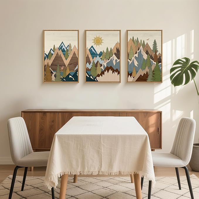 FWIEXA Large Mountain Woodcut Style Canvas Wall Art Set of 3, Sunrise Pine Tree Wall Decor, Forest Animal Painting, Farmhouse Nature Landscape Art, 24x36In Rustic Artwork for Living Room, Bedroom