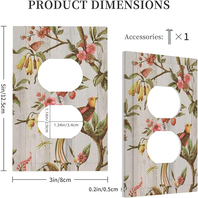 Flowers Bird Tree Retro Spring Floral Branch 1 Gang Duplex Outlet Covers Light Switch Cover Decorative Electrical Switchplate Oriental Chinese Landscape Drawn Faceplate for Bathroom Bedroom Home Decor
