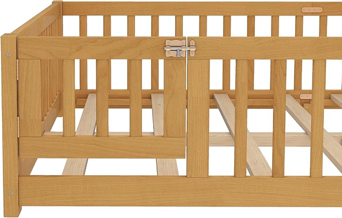 Bellemave Queen Size Floor Bed with Rails for Kids, Girls, Boys, Pine,Plywood Floor Bed with slats and Door, Natural