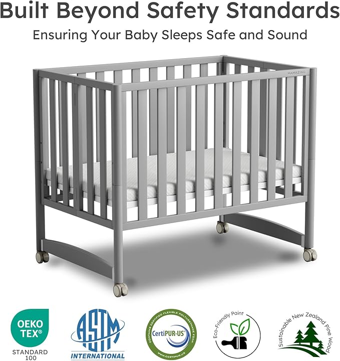 MAMAZING EvoNook 6-in-1 Convertible Mini Crib, 100% New Zealand Pinewood, 4 Adjustable Mattress Heights, Grey