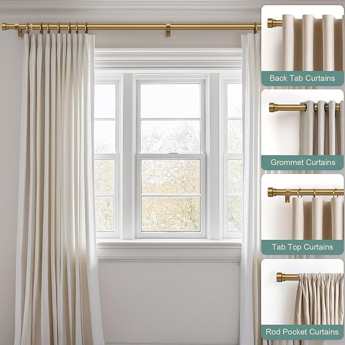 Brass Curtain Rods for Windows 48 to 84 Adjustable Modern Gold Curtain Rod 1 inch Diameter Heavy Duty with Solid Metal Finials for Living Room Bedroom Farmhouse Outdoor Patio