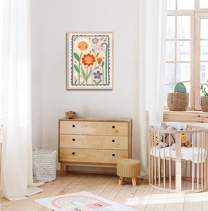 KISSFOX Framed Wall Art Nursery Wall Decor Sunflower Pictures Kids Cute Smiling Floral Canvas Art Colorful Sweet Paintings Whimsical Botanical Artwork For Children Boys Girls Room Playroom