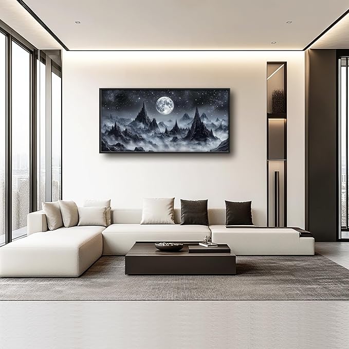 Olivine Mountain Large Wall Art, Black And White Pictures Wall Decor, Nature Landscape Paintings, Moon Canvas Prints, Framed Artwork for Dining Room Bedroom Living Room Office Bathroom Home 60"x30"