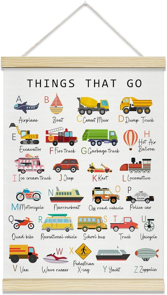 TRKAE Car Alphabet Canvas Poster Hanger Frame, Classroom ABC Wall Art, Toddler Educational Wall Decor for Nursery Preschool Kids Room -027