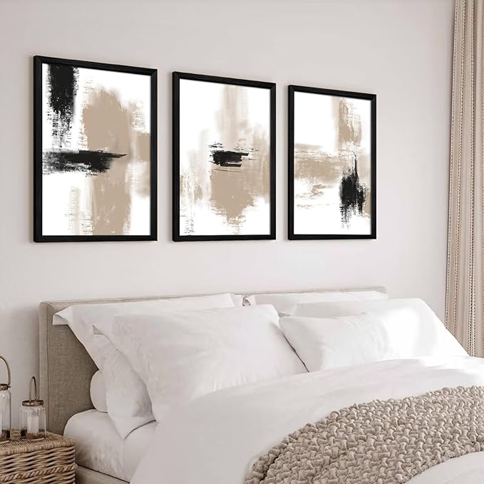 Beige Abstract Wall Art Painting Set of 3 Neutral Canvas Wall Art Prints Black Beige Modern Wall Decor Minimalist Art Pictures Abstract Modern Artwork for Room Bedroom 16x24 Inch Wood Framed