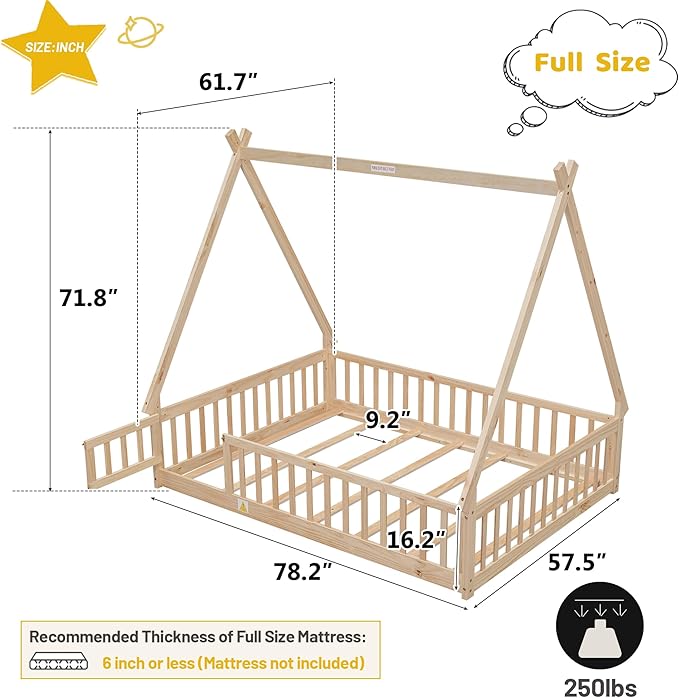 Full House Bed Frame with Fence Rails and Door,Wood Montessori Floor Bed with Slats Support,Teepee Tent Beds Kids Bed Frames for Girls Boys, Natural