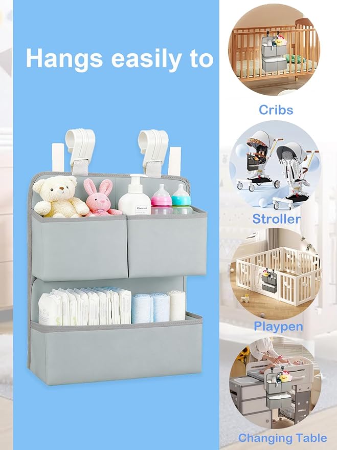 Hanging Diaper Organizer for Bassinet/Crib/Playpen/Playard – Hold 80+ Diapers - Changing Table Diaper Holder Attachment Accessories- Diaper Stacker Nursery Caddy Organizer - Grey