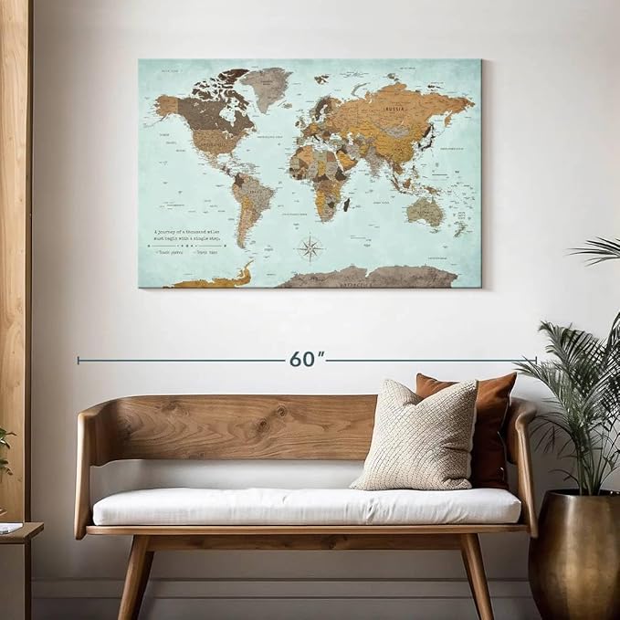 ElephantStock - A Thousand Miles World Push Pin Map Wall Art - Horizontal Canvas Wall Art - Living Room Wall Decor - Printmaking Map Canvas Art - Blue And Brown Decor - 45" x 30"