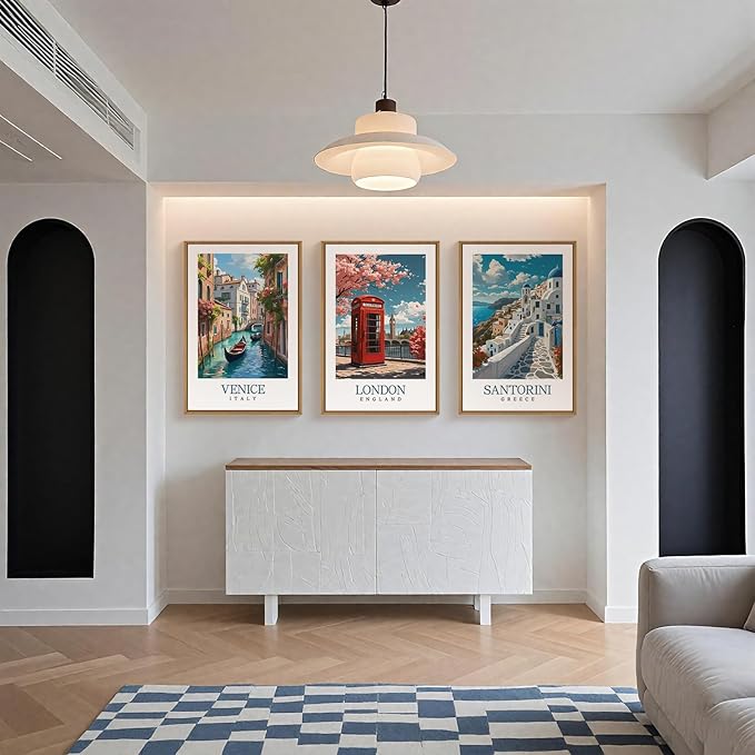 HLNIUC Italy Coast Wall Art Framed, Blue Europe Cityscape Italian Wall Decor set of 3 (16"x24"), Venice London Santorini Travel Landmark Beach Canvas Painting for Living Room, Bedroom, Office