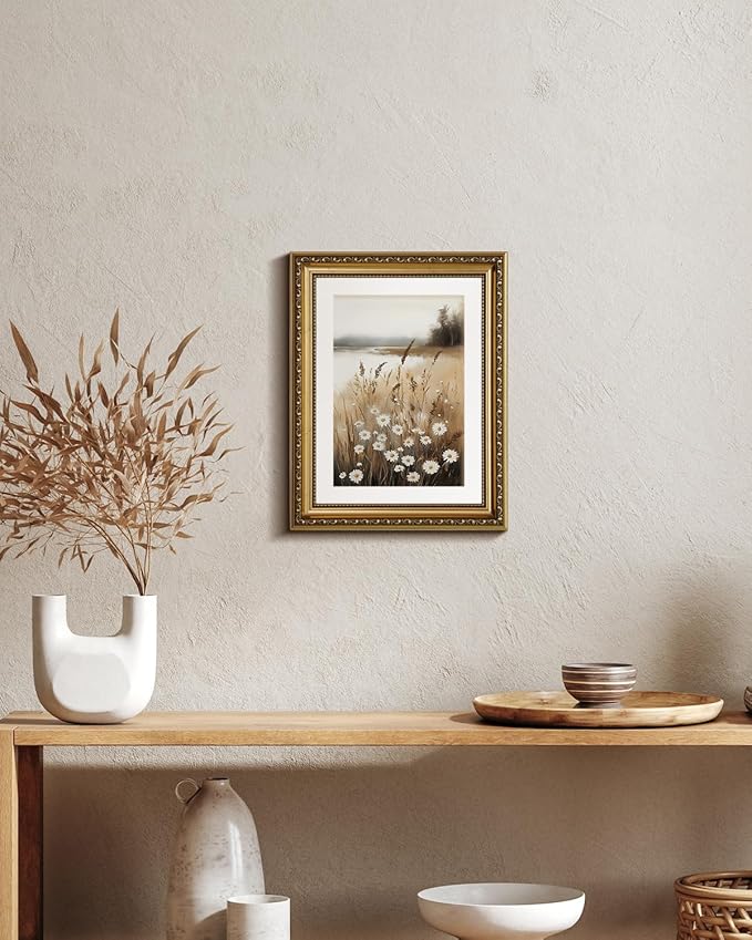 ARPEOTCY Vintage Gold Framed Wall Art, Wildflower Field Paintings, Floral Aesthetic Canvas Picture Prints Artwork with Frame, Classical Victorian Wall Decor for Living Room Bathroom Bedroom 11x14 inch