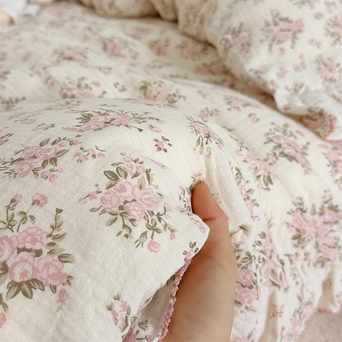 AOJIM Kids Cotton Muslin Duvet Cover with Pink Floral Patterns, 1pc Super Soft Toddler Bedding Comforter Cover 2-Layer Gauze 47X59'', Ruffled Edges Duvet Protector for Girls Boys, No Quilt or Pillow