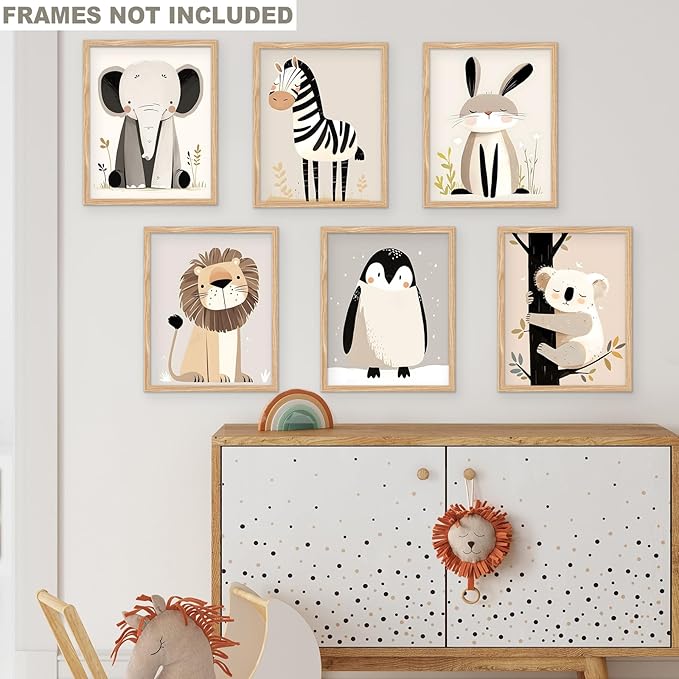 RoyoLam Cartoon Animal Canvas Wall Art Prints - Set of 6 Unframed 8x10 Inches, Scandinavian Style Illustrations Nursery Decor for Kids Room and Playroom