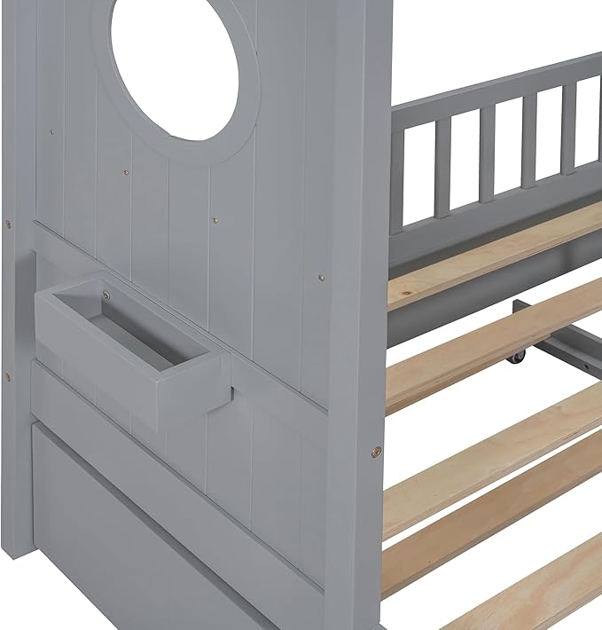 Full Size House Bed with Roof and Window for Kids, Wooden Playhouse Bed with Storage Shelves and Trundle for Bedroom Furniture Girls & Boys (Grey/T2)