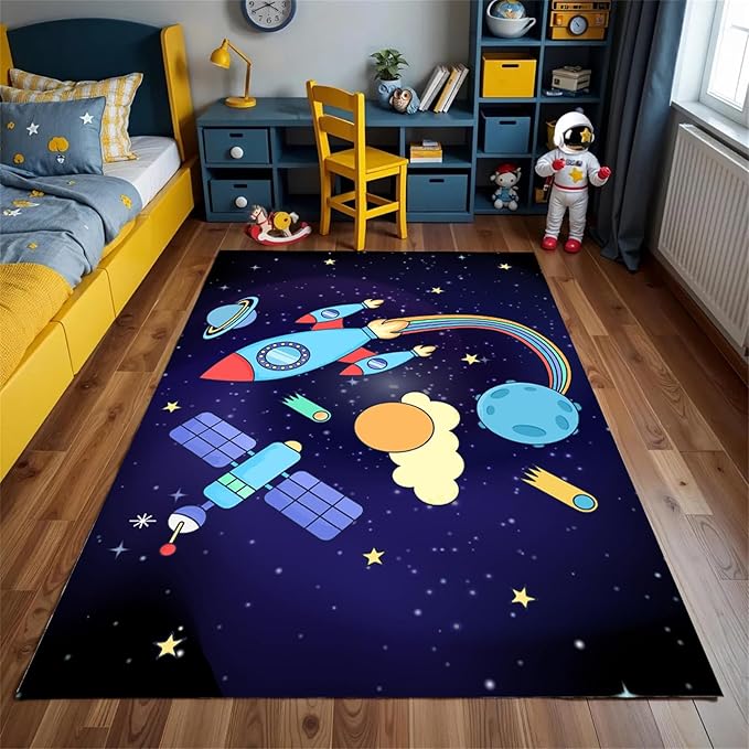 Outer Space Themed Rug,4x5ft,with Cartoon Planets,Stars and Rocket Design Rugs, Suitable for Playroom Bedroom Printed Rug, Non-Slip Machine Washable Carpet, Children's Room Decor
