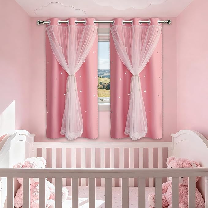 Pink Curtains for Girls Bedroom Cute - Aesthetic Star Cutout Blackout Double Layer with Sheer Overlay, 60 Inch Length 2 Panels Kids Room Curtain Baby Nursery Decor Short Drapes