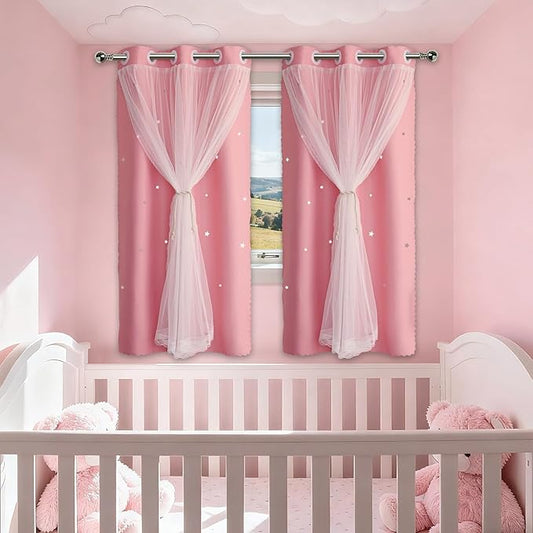 Pink Curtains for Girls Bedroom Cute - Aesthetic Star Cutout Blackout Double Layer with Sheer Overlay, 60 Inch Length 2 Panels Kids Room Curtain Baby Nursery Decor Short Drapes